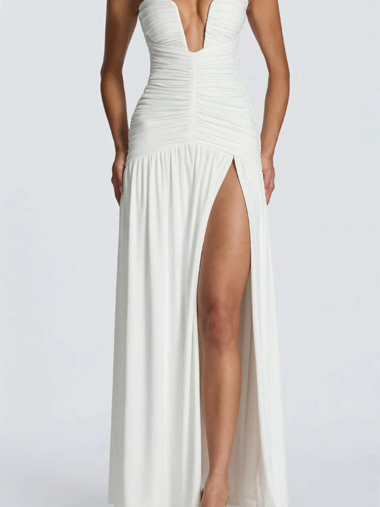 Celestia Strapless Pleated Split Maxi Dress
