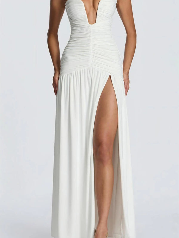 Celestia Strapless Pleated Split Maxi Dress