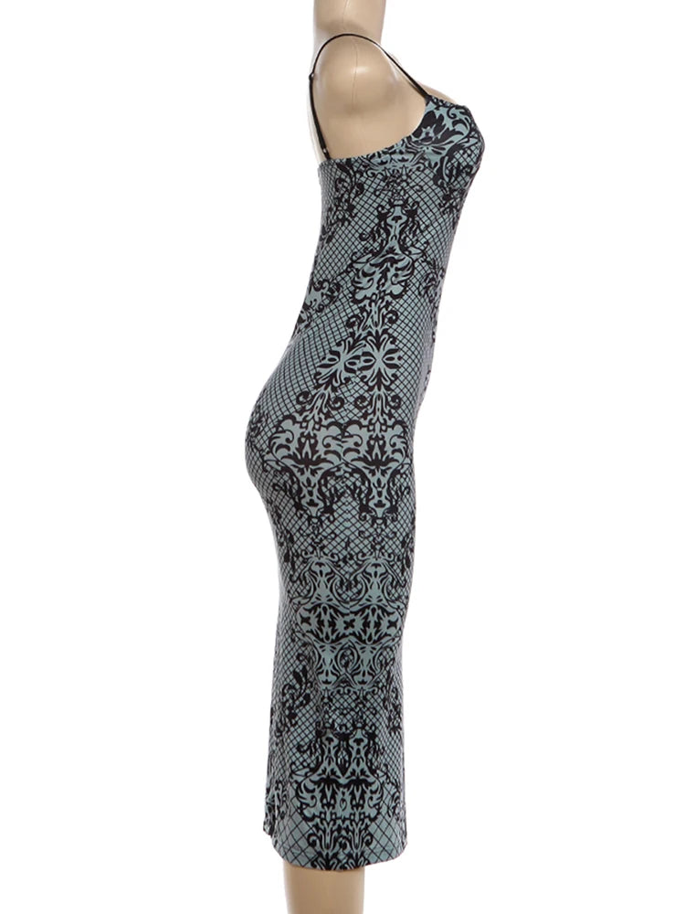 Kliou Art Print Sexy Fashion Sling Dress Woman Low-Neck Backless Sleeveless Skinny Stretch Midnight Party Elegant Long Bodycon