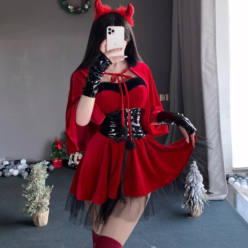 Lucinda Red Velvet Devil Costume Set with Cape, Corset Belt & Horns