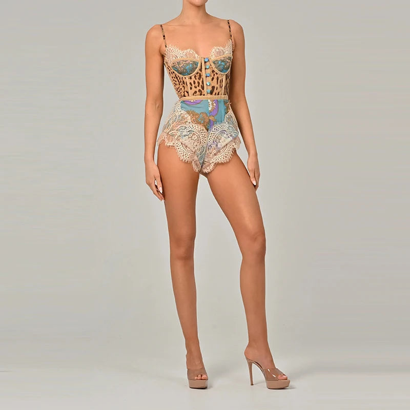Rosaline Lace-Trim Print Bustier Romper One-piece Main image