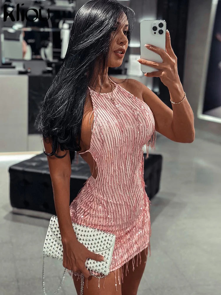 Mireya Shimmer Fringe Halter Mini Dress
