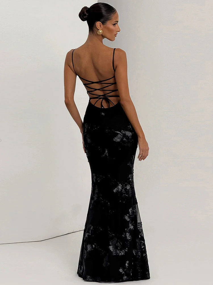 Isabella Spaghetti Strap Floral Embroidered Bodycon Maxi Dress