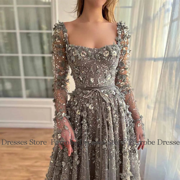 Gioconda Floral Applique Sequin Lace Long-Sleeve A-Line Maxi Gown
