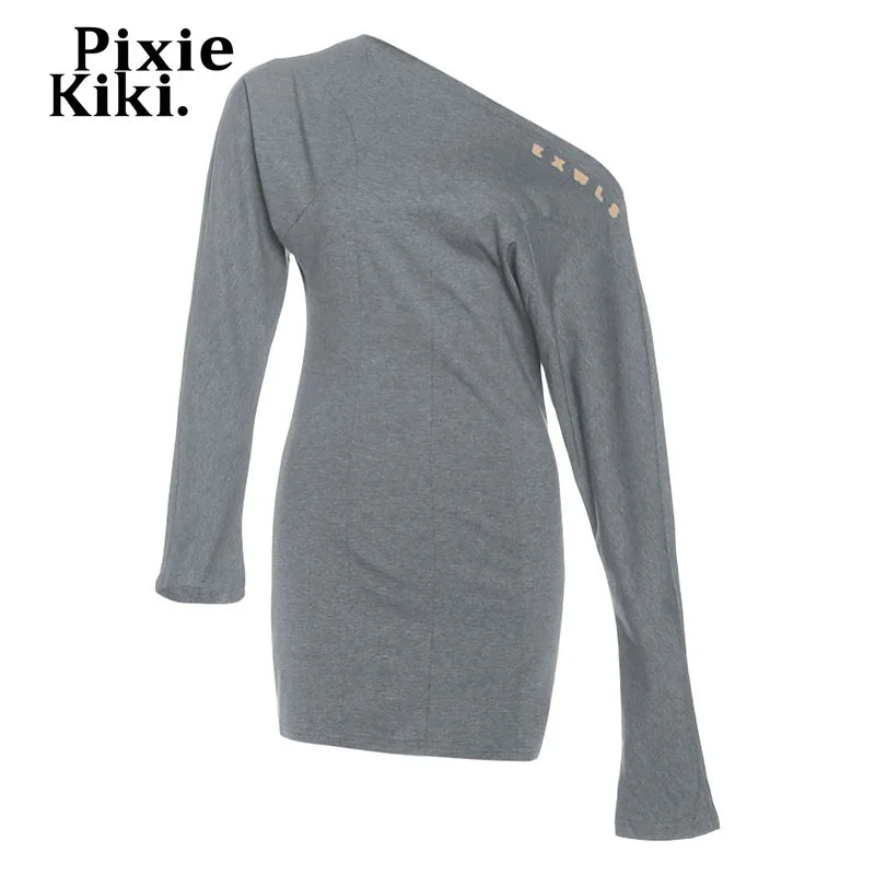 PixieKiki Jennie One Shoulder Long Sleeve Mini Dress Fashion Sexy Asymmetrical Grey Dresses 2025 Woman Fall Clothes P71-DF32