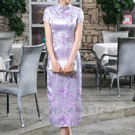 Feng Dragon-and-Phoenix Satin Qipao Maxi Dress