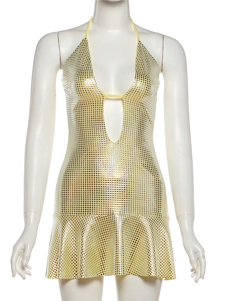Philomela Sequin Mesh Plunge Halter Cutout Ruffle-Hem Mini Dress Secondary image