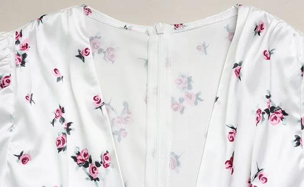 Rosaura Floral Puff-Sleeve V-Neck Ruched Bodycon Mini Dress