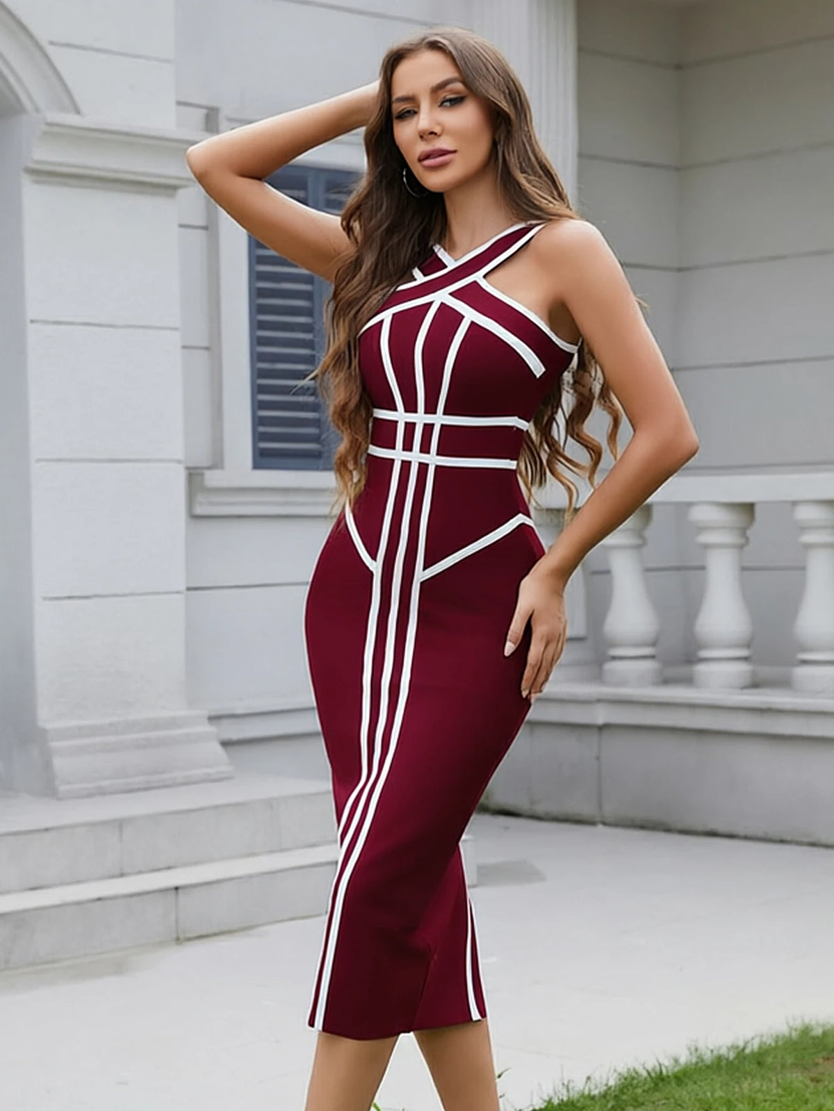 BEAUKEY Classic White And Black Stripes Bandage Long Evening Dress Luxury Contrast Vintage Woman Bodycon Elastic Dress Slim Midi