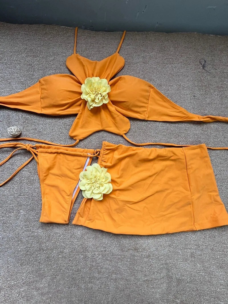 Temperance 3D Flower Halter Bikini & Skirt Three-piece