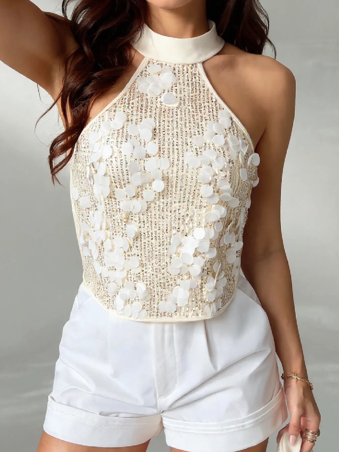 Aria Blanc Floral Sequin Halter Top