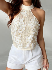 Aria Blanc Floral Sequin Halter Top