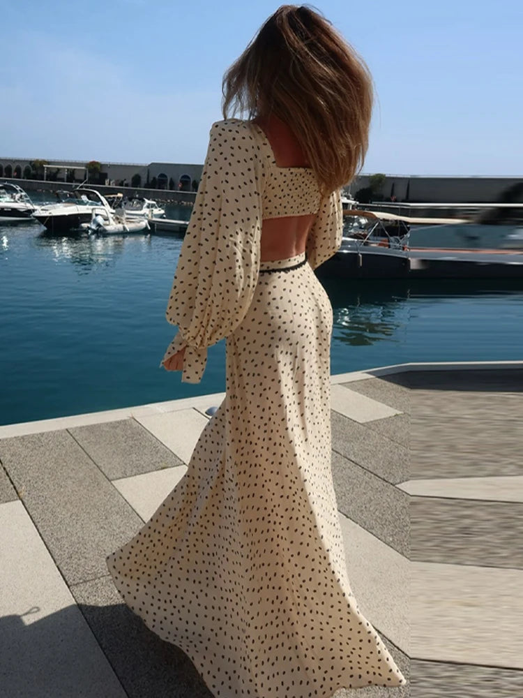 Fashion Women's Polka Dot Long Skirt Set Square Neck Lantern Sleeve Lace Crop Top High Waist A-line Skirts 2026 Summer Lady Suit Main image