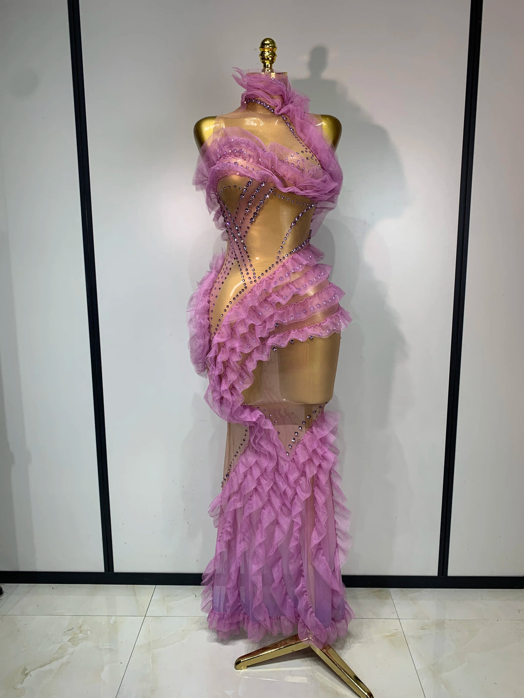 Violetta Rhinestone Mesh Ruffle Maxi Dress