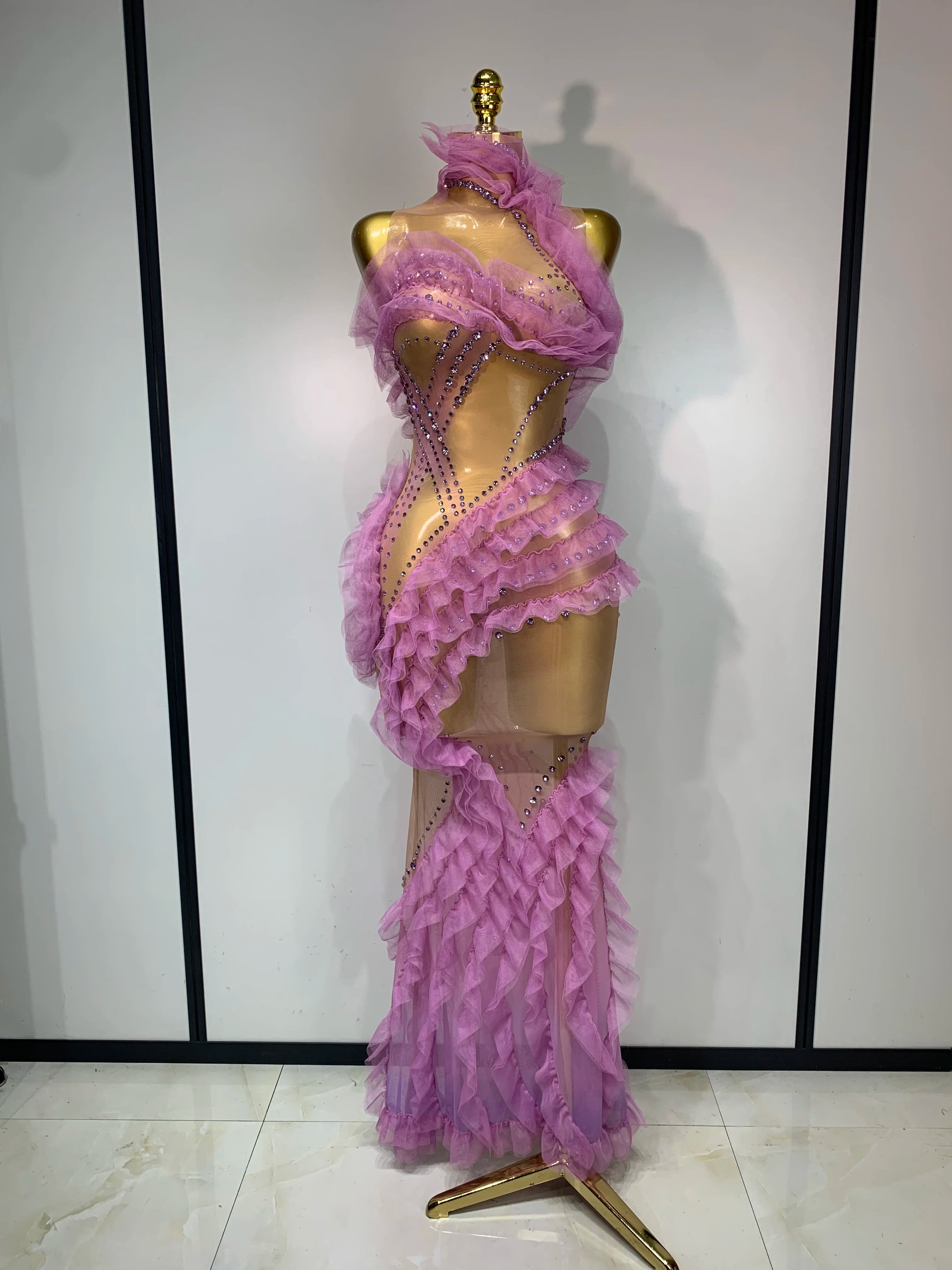 Violetta Rhinestone Mesh Ruffle Maxi Dress Main image
