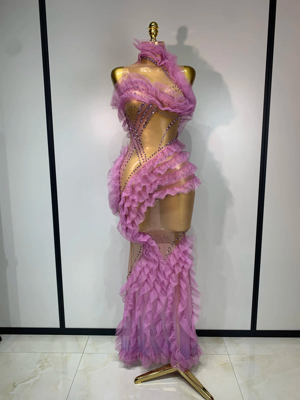 Violetta Rhinestone Mesh Ruffle Maxi Dress