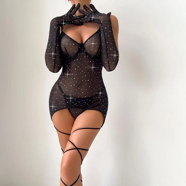 Honorine Shimmer Dot Sheer Mesh Garter Slip, Thong & Gloves Lingerie Three-piece