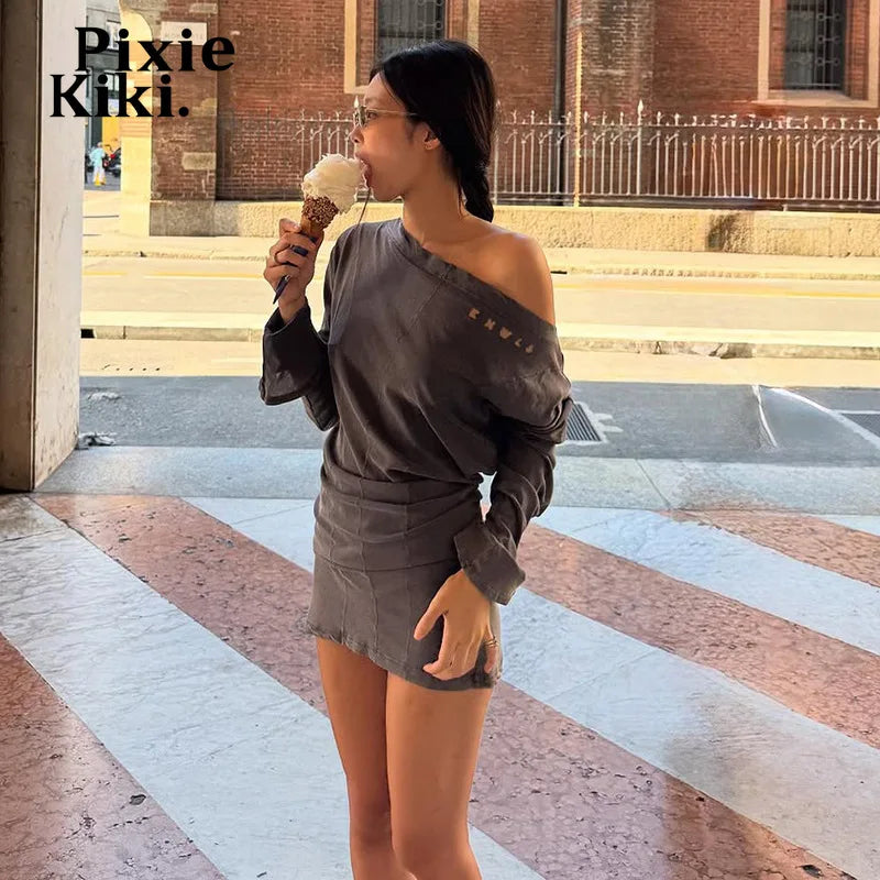 PixieKiki Jennie One Shoulder Long Sleeve Mini Dress Fashion Sexy Asymmetrical Grey Dresses 2025 Woman Fall Clothes P71-DF32