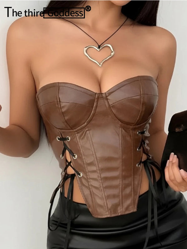 Moira Brown PU Leather Backless Corset Crop Top