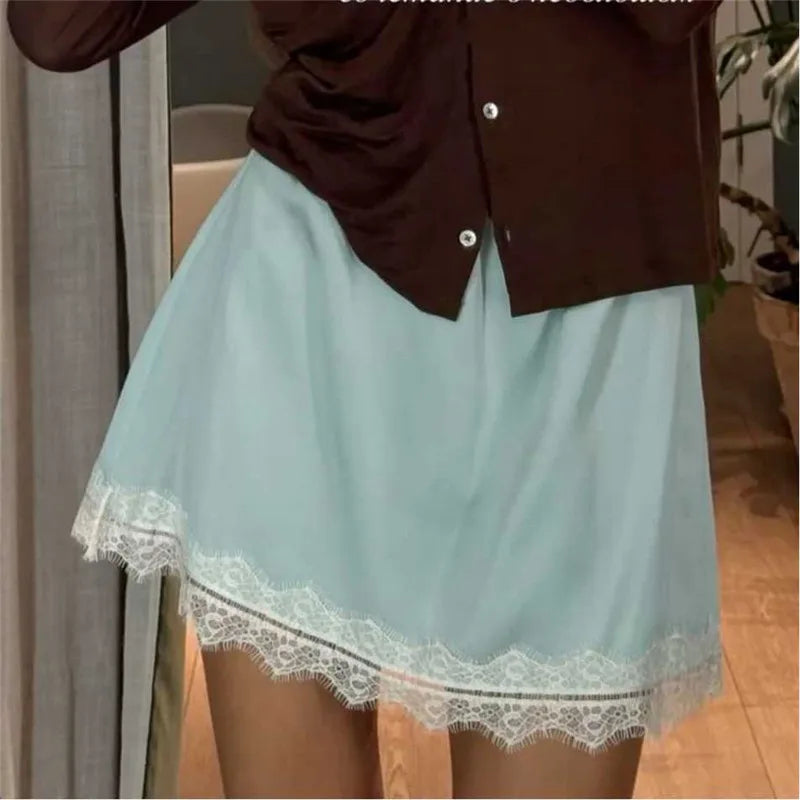 hirigin Summer French Women Satin Pajama Skirts Bottoms Lace Trim Silk Lounge Skirts High Elastic Waist Y2K Vintage Streetwear