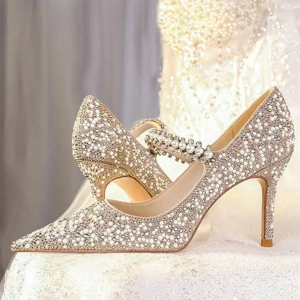 Crystal Women Wedding Pumps One Strap Pointed Toe Famous Shoes Ladies Elegant Spring Summer Stiletto Heels Pumps Bride Balanced