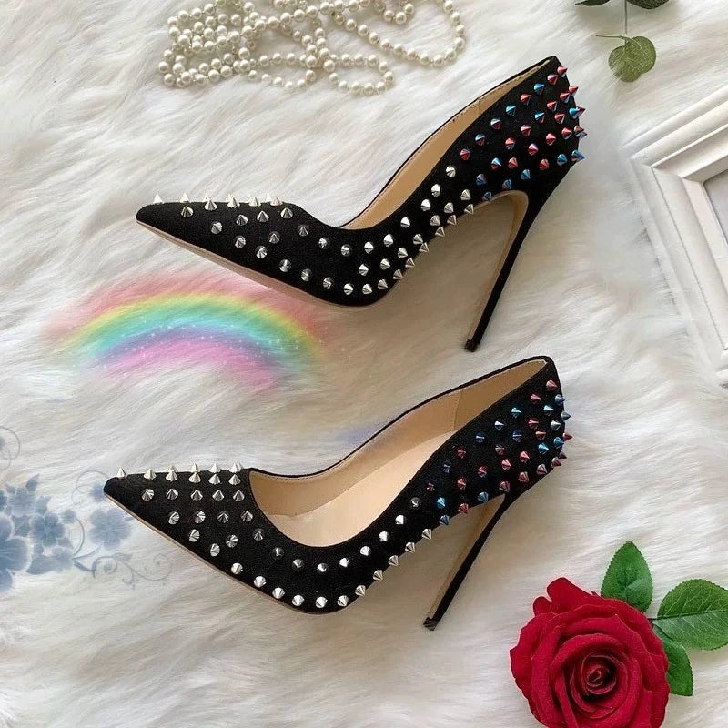 European and American Foreign Trade Women's Shoes Colored Rivets Pointed Women's Thin Heels Sexy High Heels Single Shoes