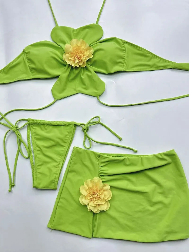 Temperance 3D Flower Halter Bikini & Skirt Three-piece