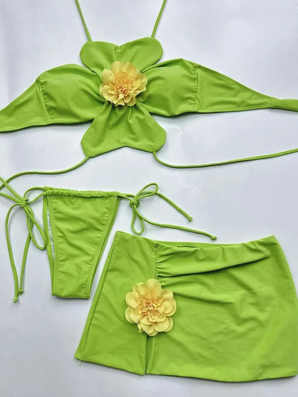 Temperance 3D Flower Halter Bikini & Skirt Three-piece