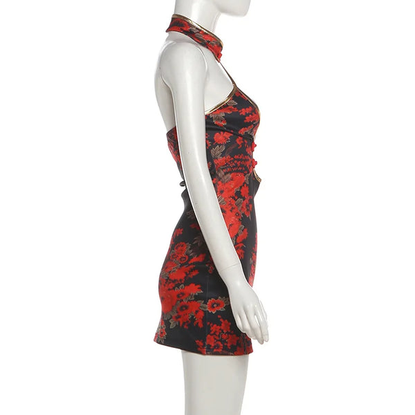 Wanda Red Floral Halter Plunge Cut-Out Bodycon Mini Dress