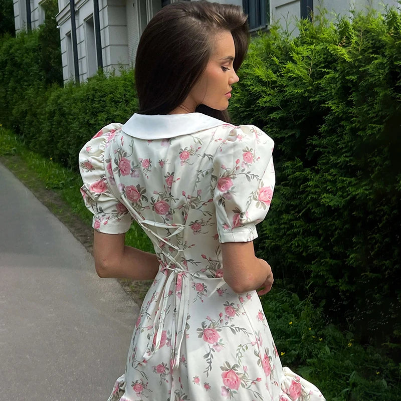 Gisella Floral Collared Puff-Sleeve Pearl-Button Ruffle Mini Dress