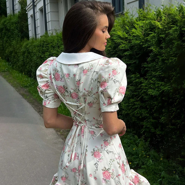 Gisella Floral Collared Puff-Sleeve Pearl-Button Ruffle Mini Dress