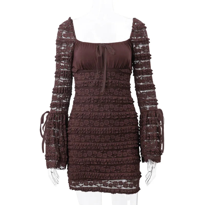 Cocoa Floral-Lace Flare-Sleeve Mini Dress
