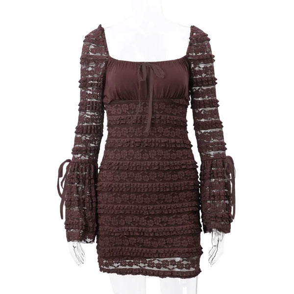 Cocoa Floral-Lace Flare-Sleeve Mini Dress
