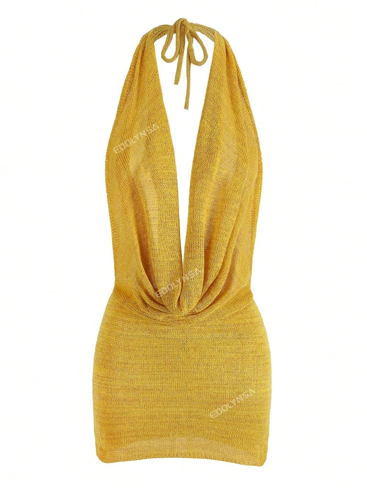 Agnieszka Draped Cowl Halter Backless Knit Mini Dress