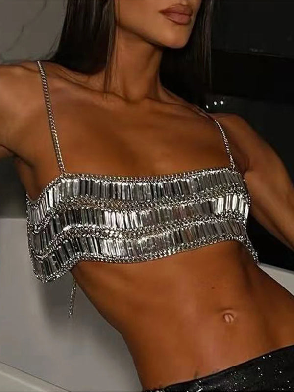 Sexy see through metal sequin crop top women summer beach halter tank top streetwear hotwife club party tops for woman clothing