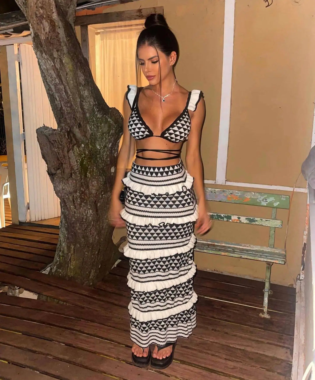 Aztec Ruffle Knit Maxi Skirt Set Two-piece