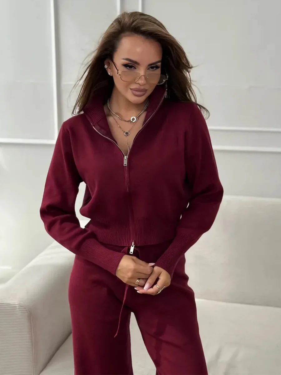 Sigourney Knit Zip-Up Cropped Cardigan & Wide-Leg Pants Two-Piece Set