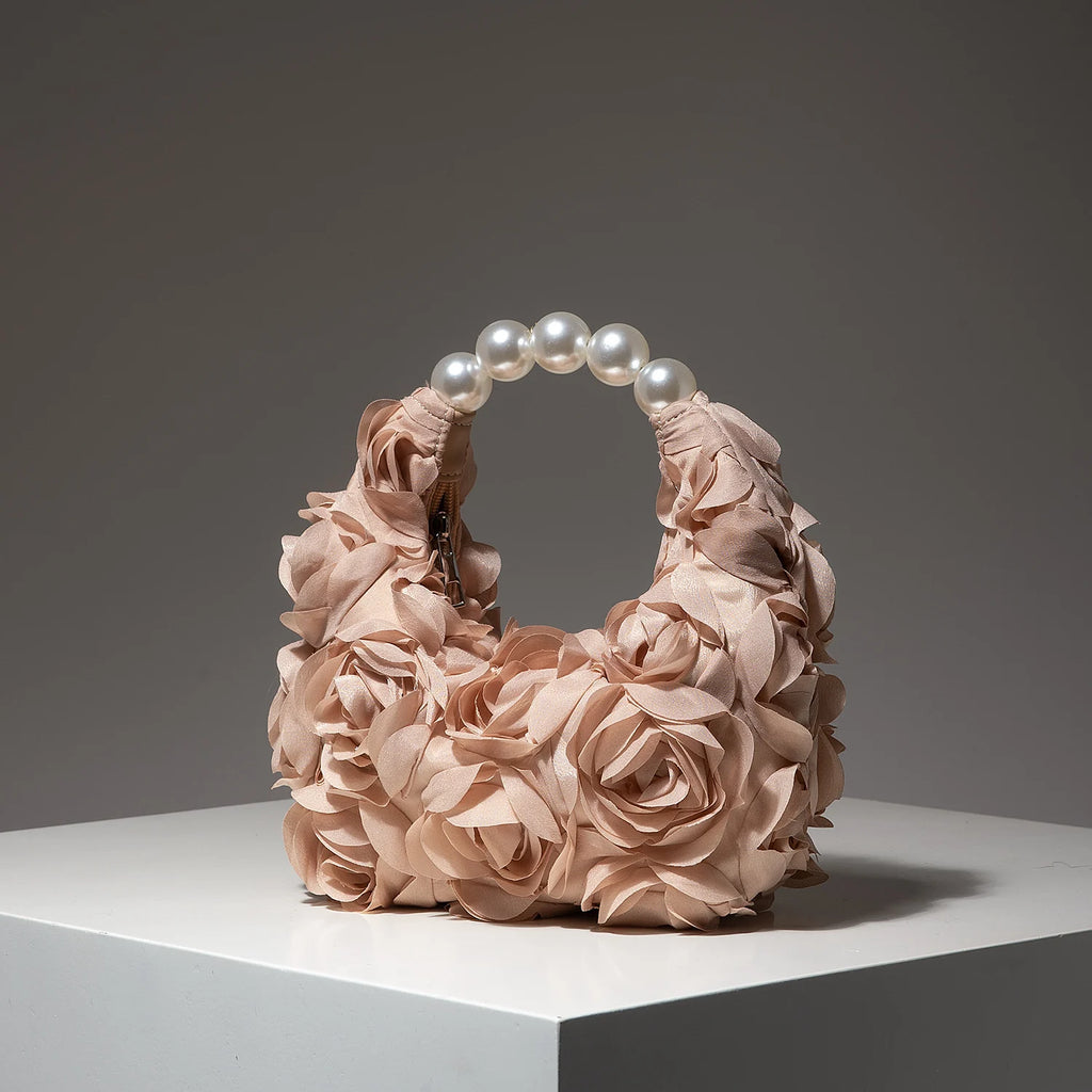 Rosalind Satin Rosette Pearl-Handle Half-Moon Evening Bag