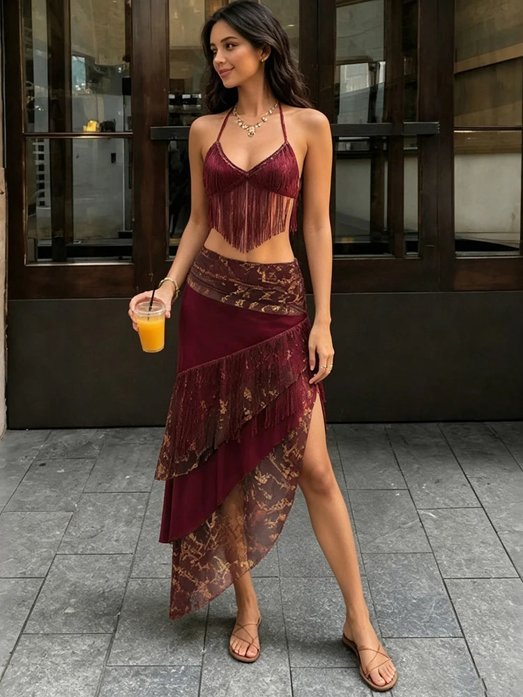 Zelda Asymmetrical Fringe Halter Maxi Skirt Set Two-piece
