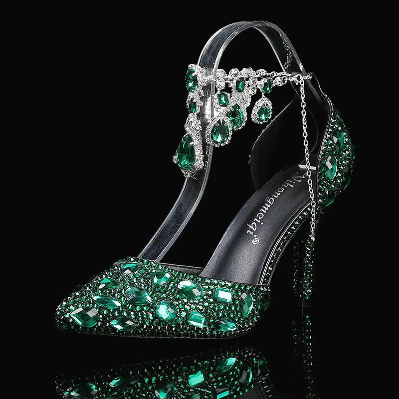2025 Spring And Autumn New Women'S Shoes Pointed High Heels Crystal Diamond Chain Wedding Shoes Banquet Women'S Single Pumps