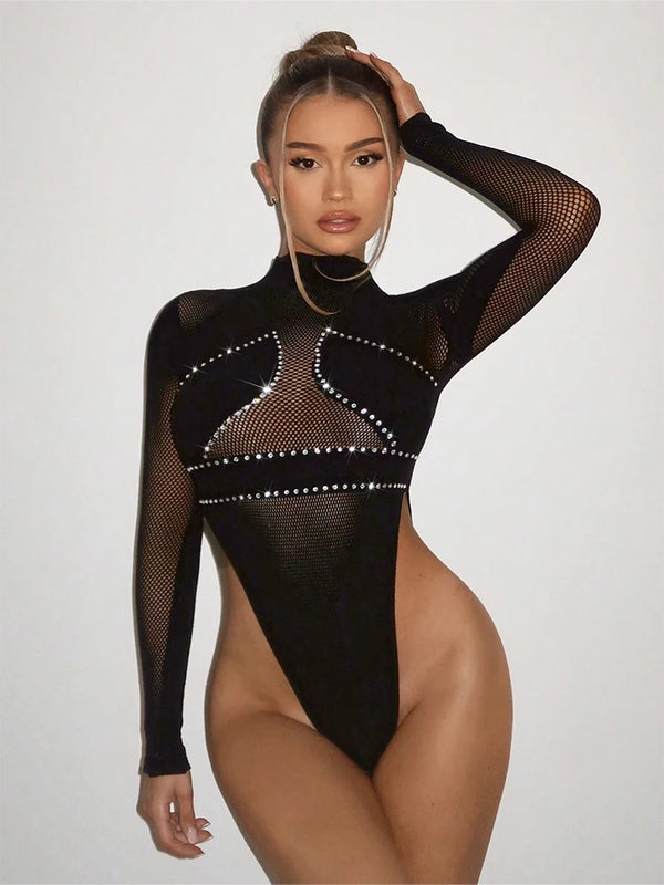 FHSEER 1pcs Women's Sexy Bodysuit Black Sheer Mesh Bodycon High Neck Long Sleeve Rinestone Embellished Club Party Outfit