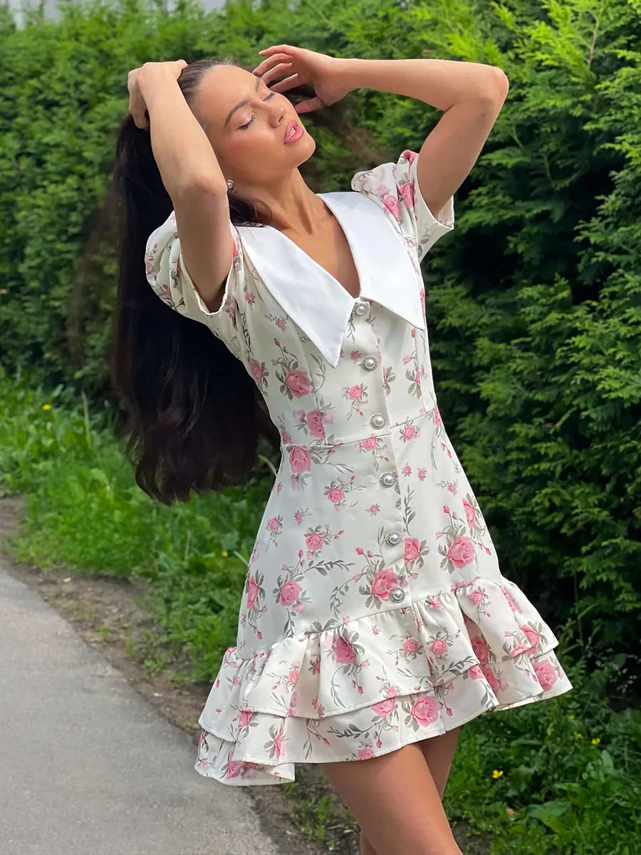 Gisella Floral Collared Puff-Sleeve Pearl-Button Ruffle Mini Dress