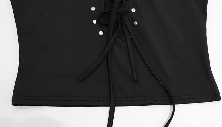 Huhugirl Fashion 2026 New T-Shirts Tees Tops Hollow Out Solid Slim Sleeveless Half High Collar Party Dark Club Street Style Chic