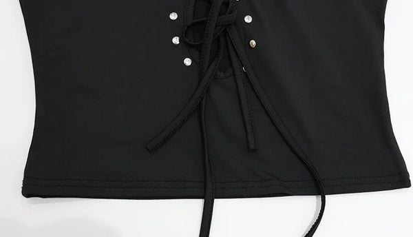 Huhugirl Fashion 2026 New T-Shirts Tees Tops Hollow Out Solid Slim Sleeveless Half High Collar Party Dark Club Street Style Chic