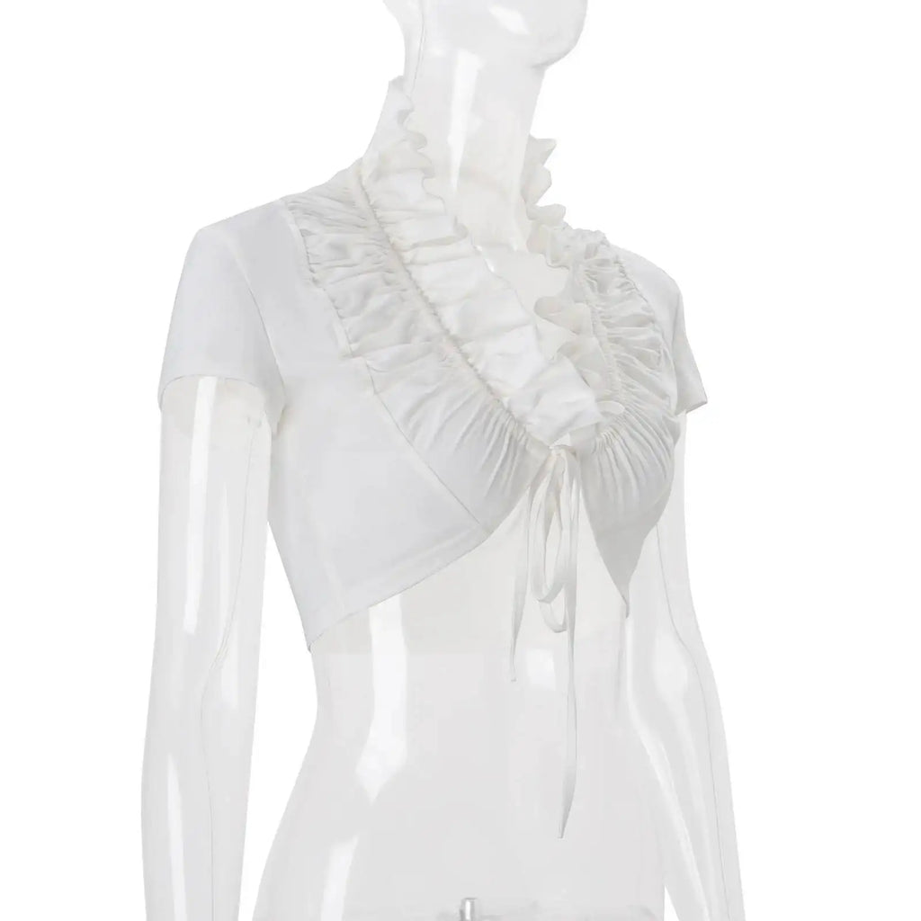 JULISSA MO Sexy Deep V-neck Ruffles Women Crop Top White Short Sleeve Lace Up Ruched Tops Female Summer Skinny Casual Streetwear
