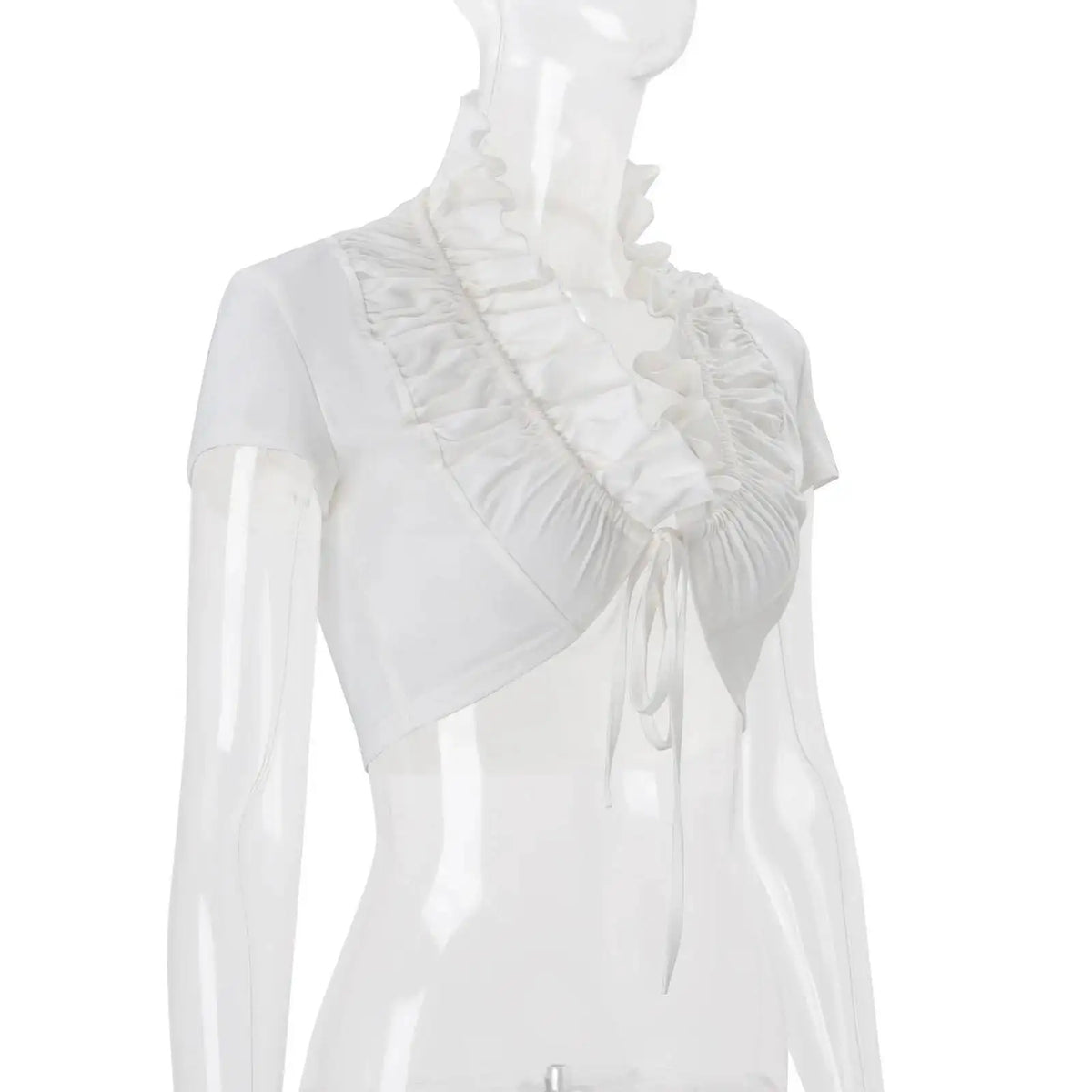 JULISSA MO Sexy Deep V-neck Ruffles Women Crop Top White Short Sleeve Lace Up Ruched Tops Female Summer Skinny Casual Streetwear