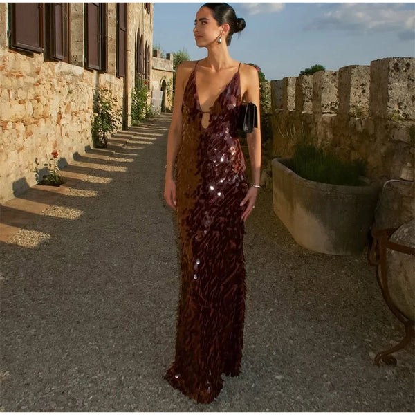 Ismene Sequin Plunge Keyhole Backless Cami Mermaid Maxi Dress