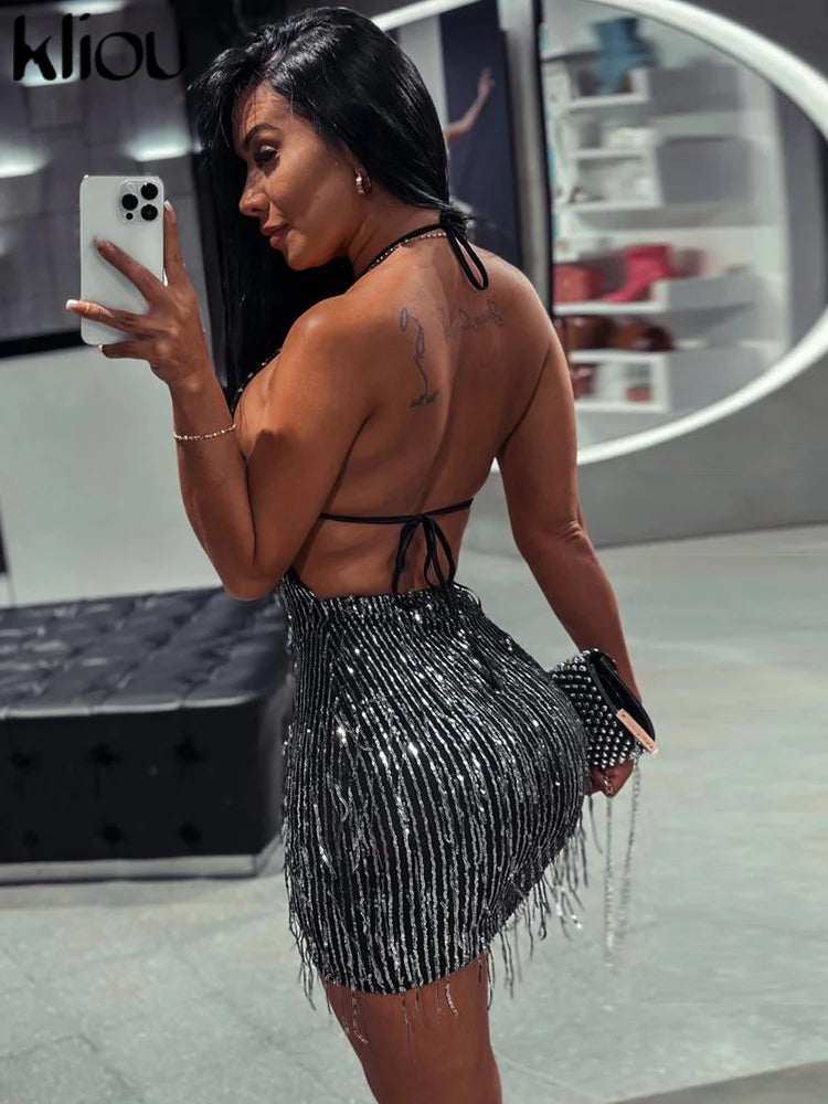 Mireya Shimmer Fringe Halter Mini Dress
