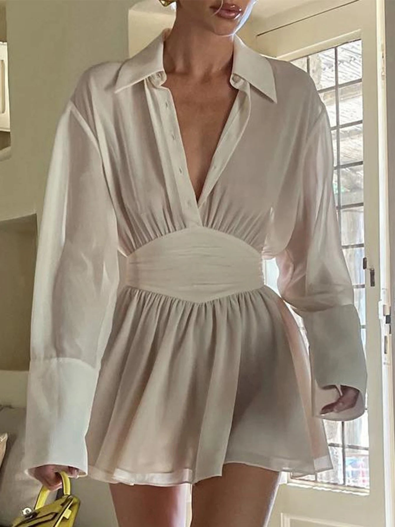 Geneva Sheer Long-Sleeve Chiffon Shirt Mini Dress