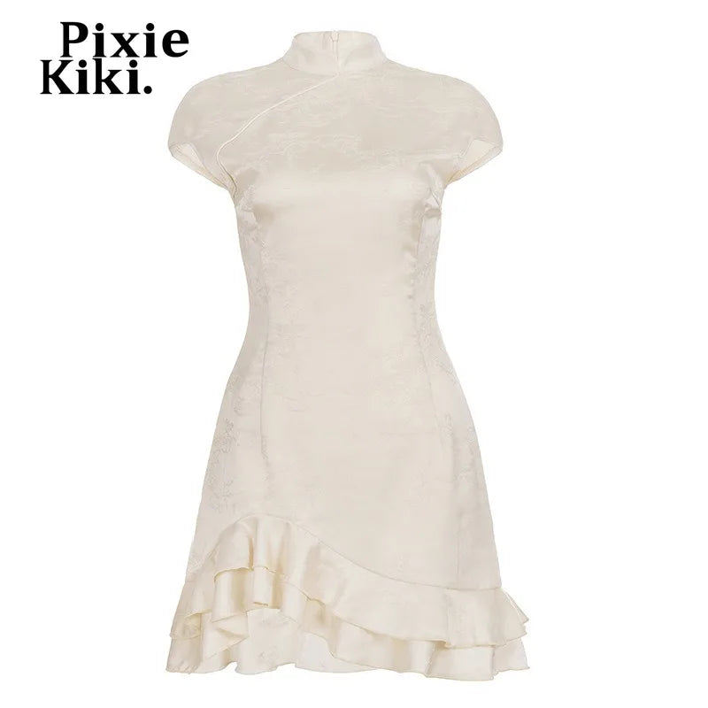 PixieKiki Chinese Style Jacquard Asymmetric Ruffle Mini Dress Elegant Vintage Cheongsam Summer Dresses for Woman P56-GD14